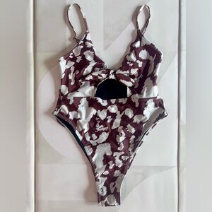 High Waisted Brown and White Cow Print One Piece Swimsuit